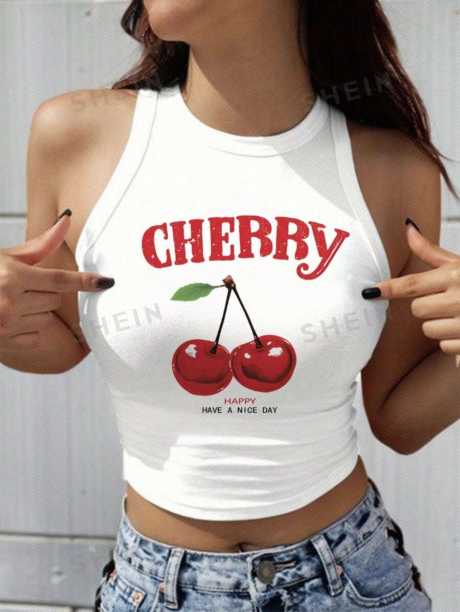 SHEIN EZwear Maieu de damă casual cu model cireș, alb, slim fit, stil de vară
