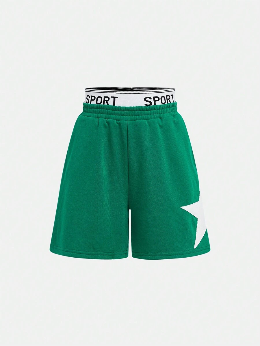 Shorts casuales deportivos para primavera/verano para niñas preadolescentes, tejidos de cintura con estampado de estrellas y bloques de color