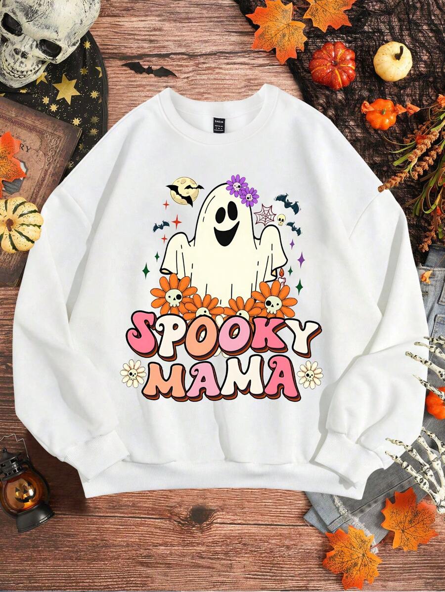 1pc Women's Casual Halloween Letter And Ghost Printed Sweatshirt With Round Neck, Autumn/Winter Season