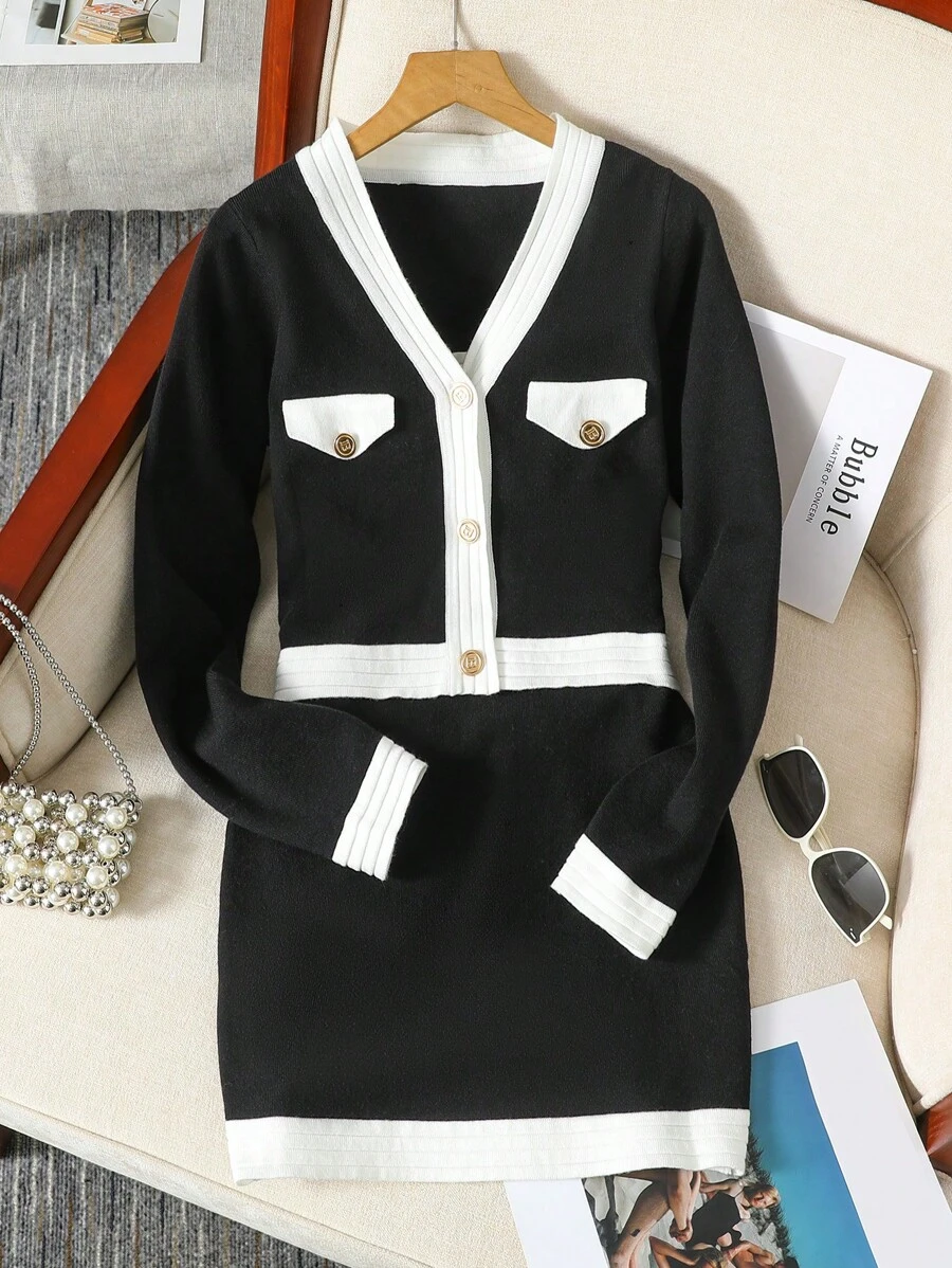 SHEIN Elegante, lässige Strickjacke mit Farbblock Design und gestricktem Camisole-Kleid für Teen Mädchen im Frühling und Herbst