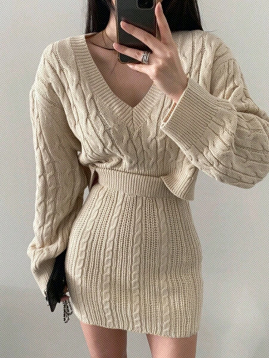 SHEIN Unity Pull en tricot à mailles gaufrées élastique ajusté pour femme à col en V, 2 pièces/ensemble