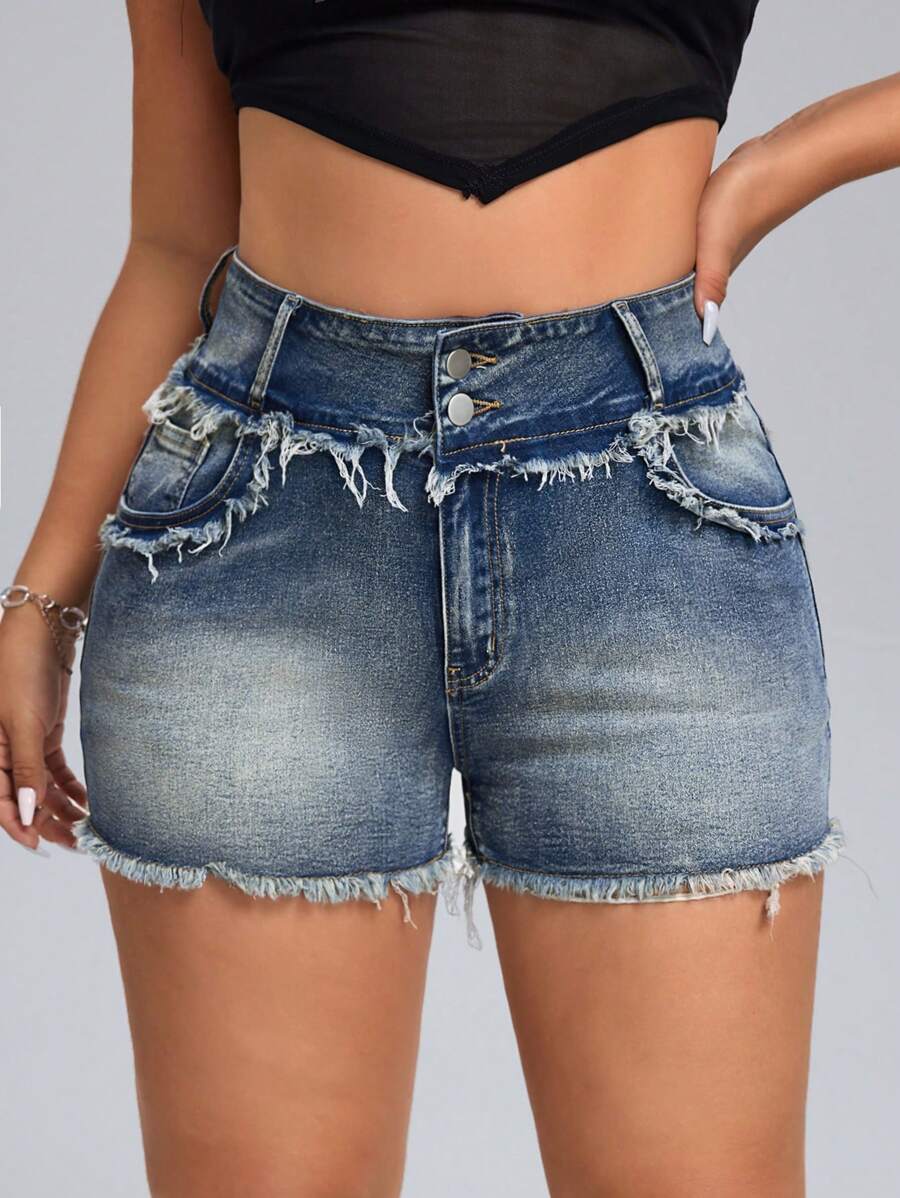 Shorts de mezclilla para mujer de talla grande con flecos, casuales, para el verano