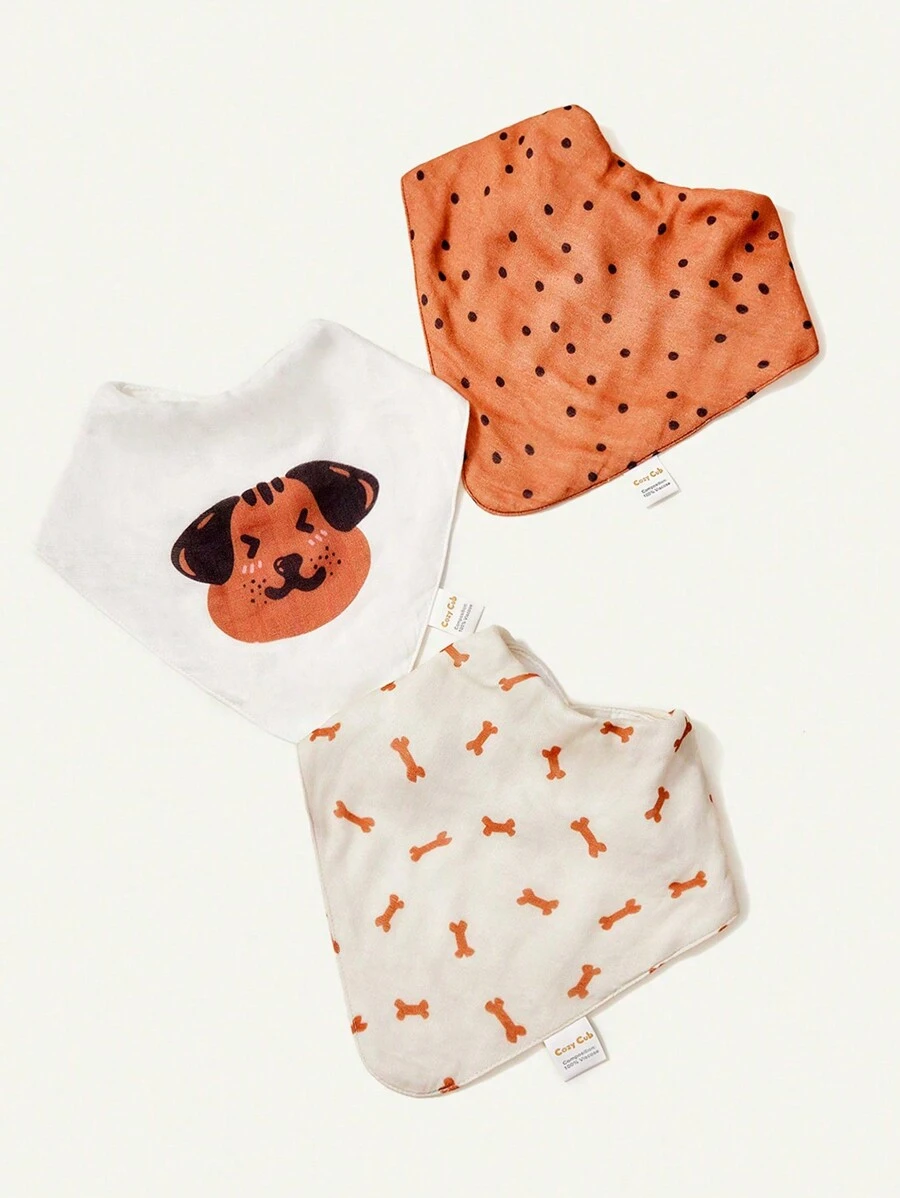 3pcs/set Baby Printed Bandana Bibs (paw Print, Black Polka Dot, Grey Bone)