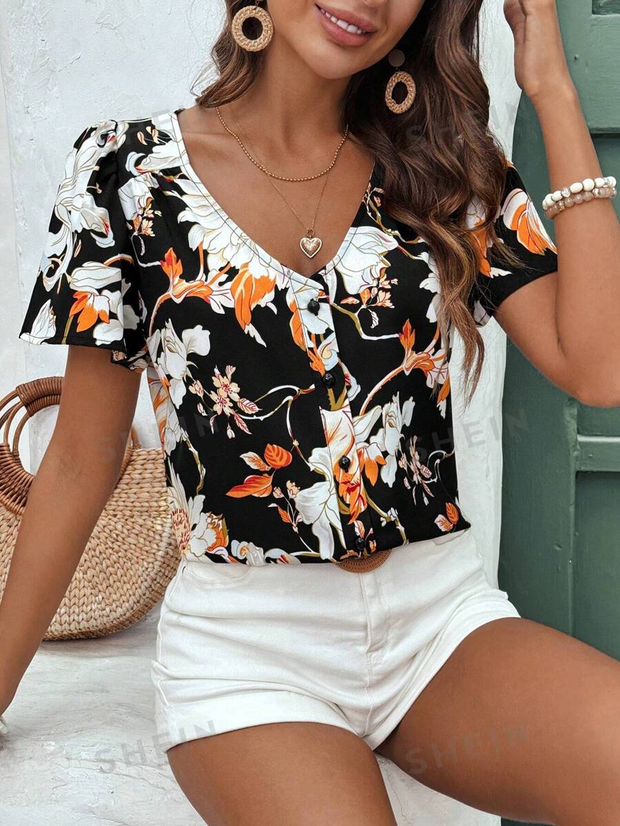 SHEIN Frenchy Camiseta de manga corta simple y diaria para mujer con estampados aleatorios