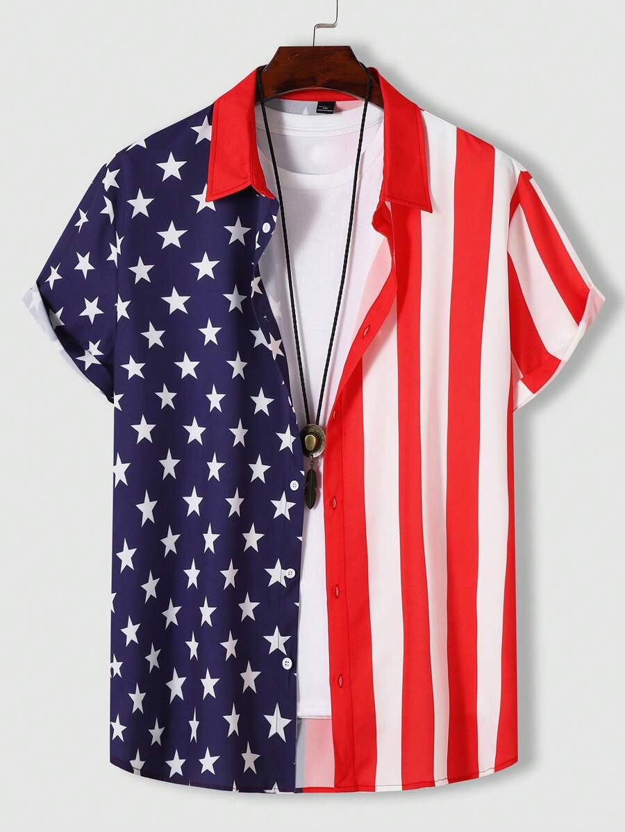 Manfinity LEGND Men's Plus Size Button Up Striped Short Sleeve Casual Loose Shirt With Star Print