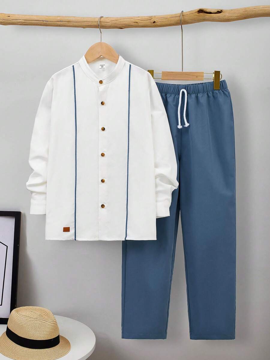 Ensemble de chemise à col droit à manches longues et pantalon pour garçon adolescent, parfait pour l'automne
