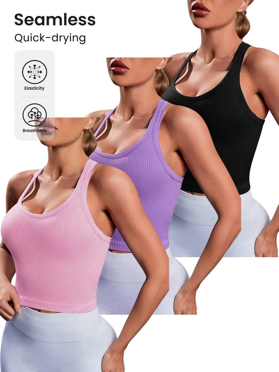 SHEIN Sport Gameset 3pcs Solid Color Ribbed Knit Sports Neck-Hanging Top