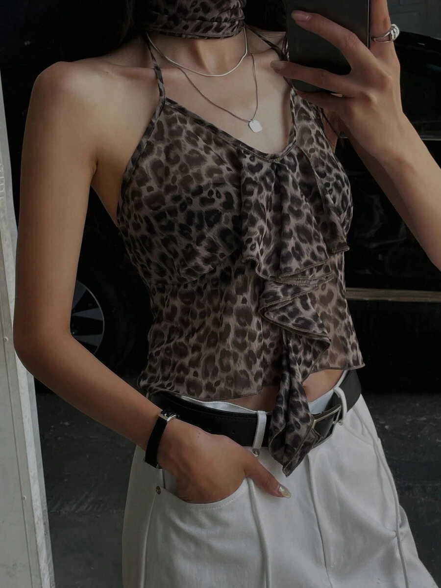 DAZY Leopard Print Ruffle Trim Halter Top