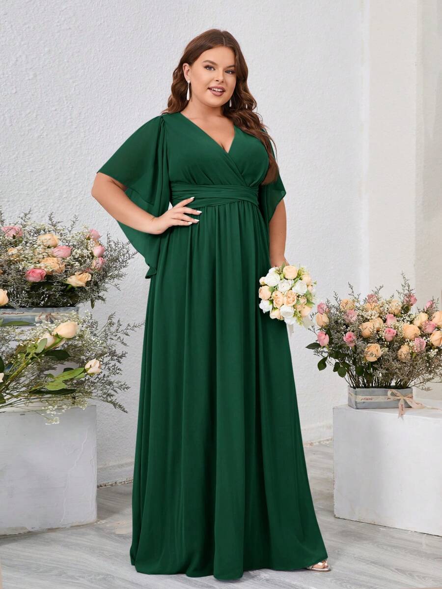 SHEIN Belle Plus Size Ruffle Bridesmaid Dress, Cross Waist And Ruffled Neckline Elegant Dress
