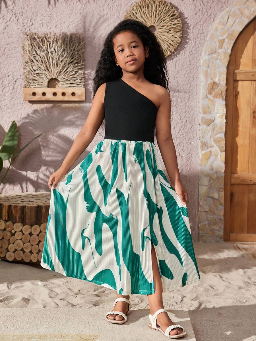 Conjunto Casual de 2 peças para Garota Tween, Top de Malha de Um Ombro de Cor Sólida com Saia de Fenda