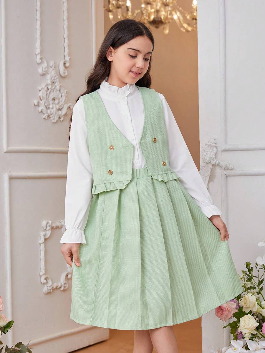 SHEIN Girls' (Big) Front Button Long Sleeve Shirt, Lace Sleeveless Jacket And Pleated Skirt Set