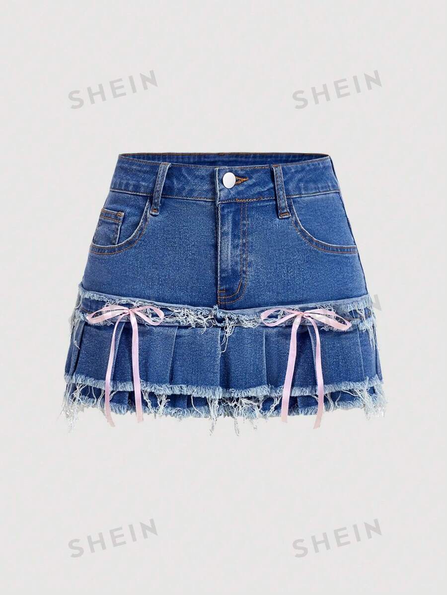 SHEIN MOD Falda de mezclilla para mujer con doble ribete de volantes en el dobladillo, bolsillos decorados con moño