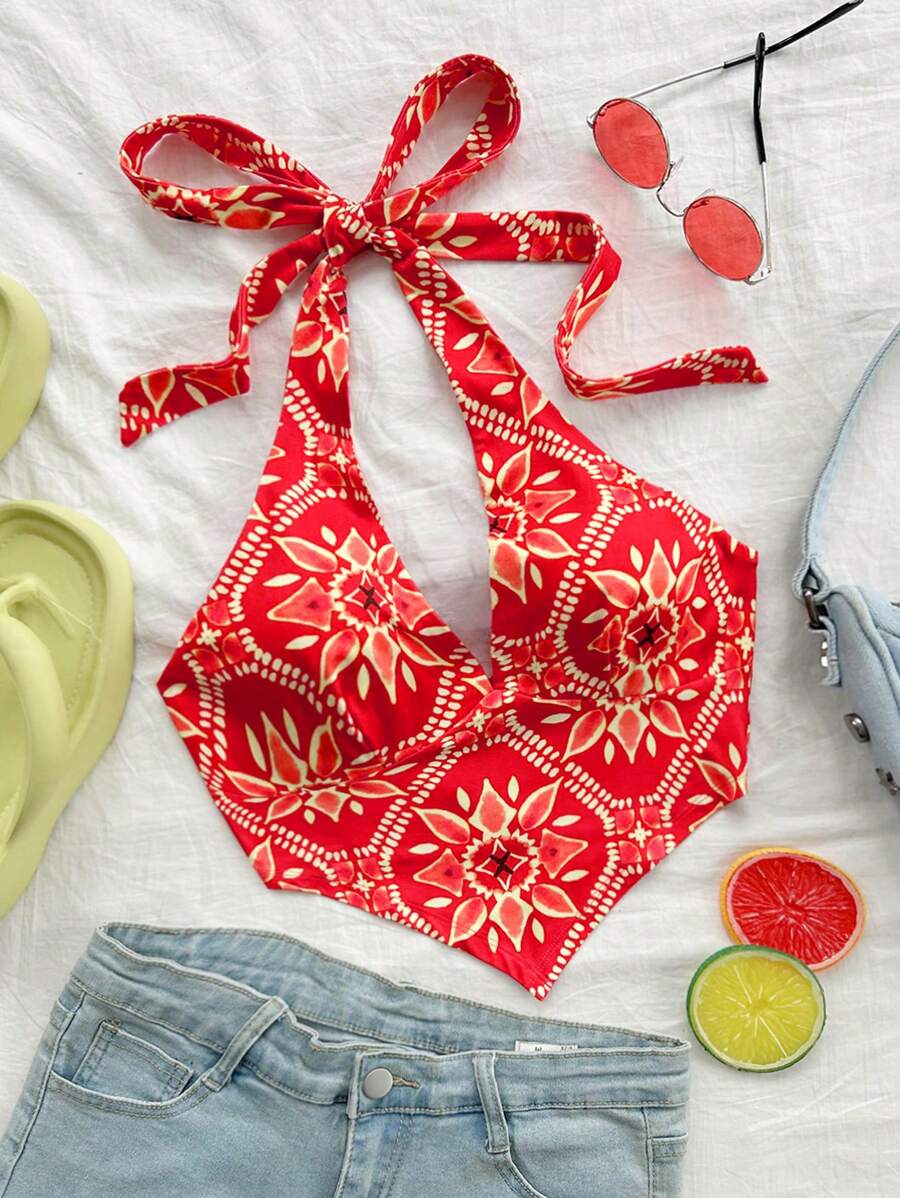 Soleia Women Vacation Orange Retro Print Halter Bowknot Tie Asymmetrical V-Neck Tight Beach Music Festival Summer Bohemian Top