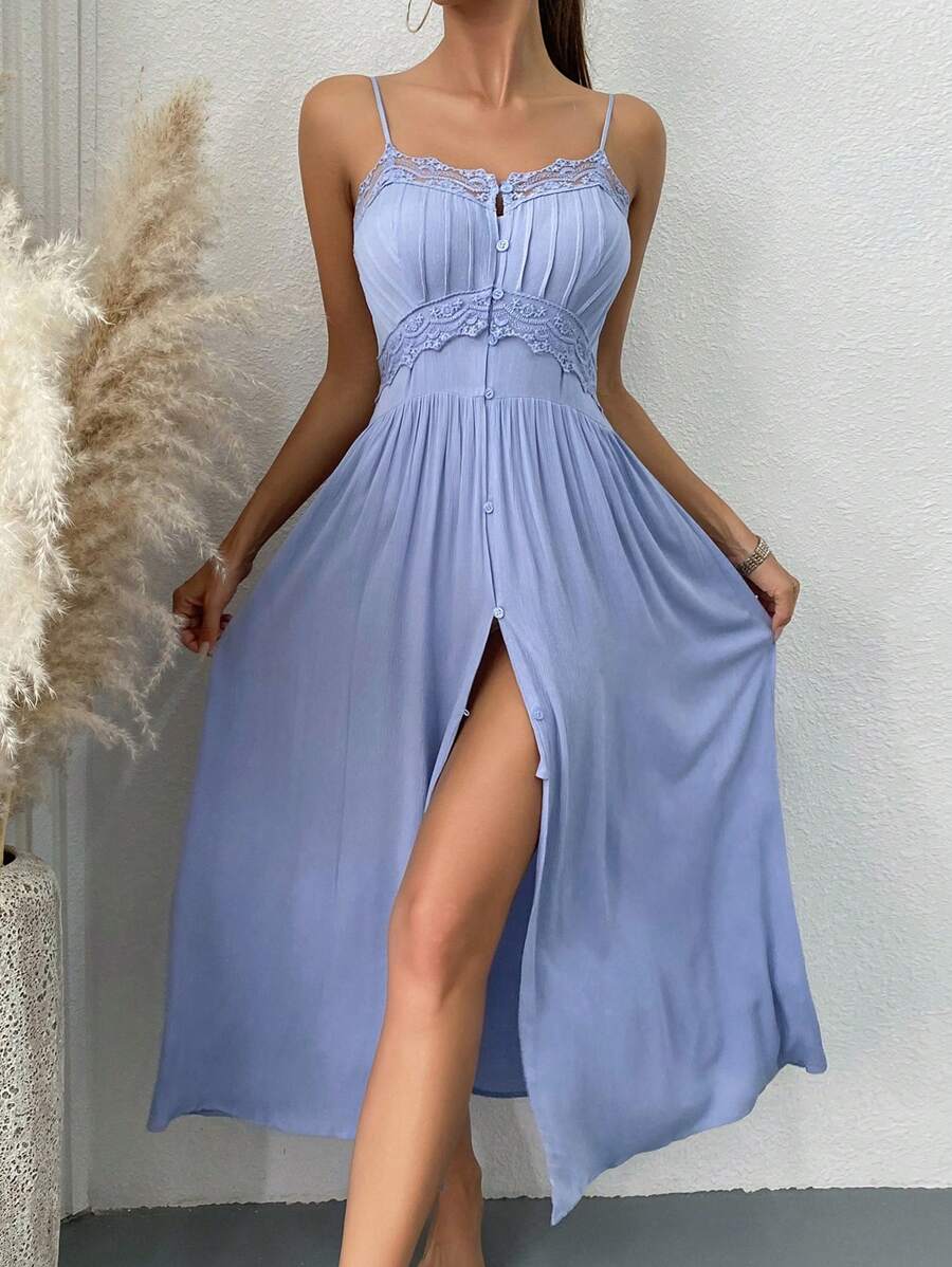 Contrast Lace Split Thigh Cami Pajama Nightdress, Vacation