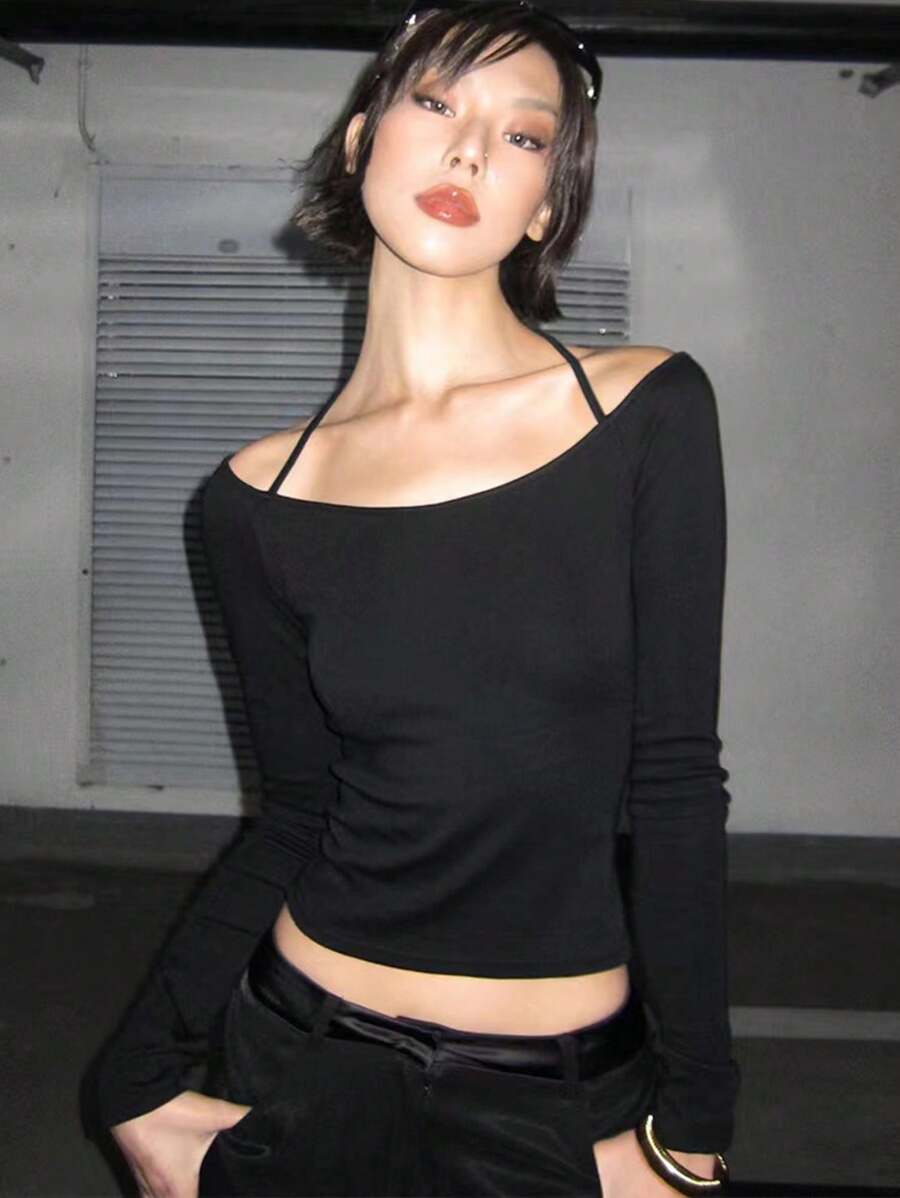 INAWLY Camiseta casual de manga larga con cuello redondo, para mujer en unicolor con lazo en la cintura para la primavera/verano