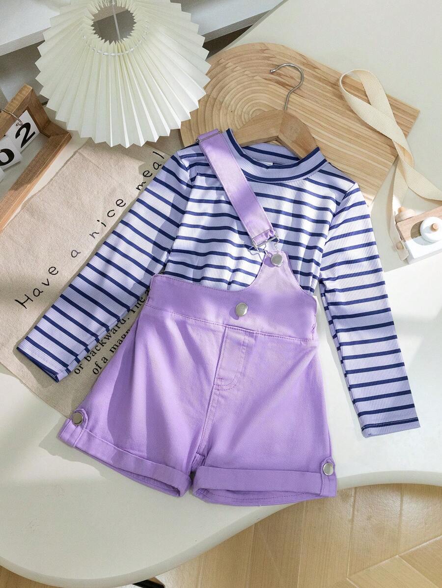 Ensemble de 2 pièces T-shirt à manches longues rayé et bretelles de personnalité pour petite fille à la mode, printemps/automne
