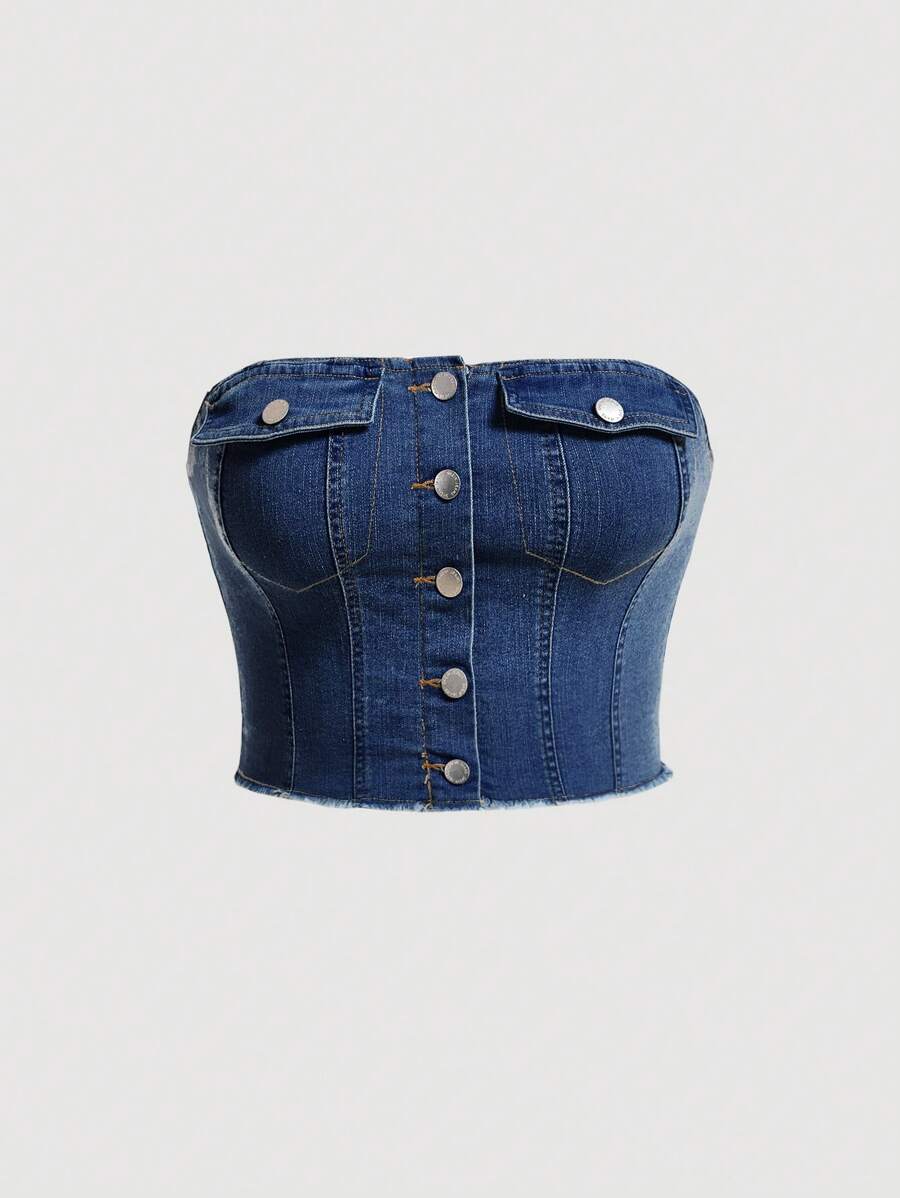 SHEIN MOD Gilet en denim simple de couleur unie pour femme grande taille, adapté pour un usage quotidien