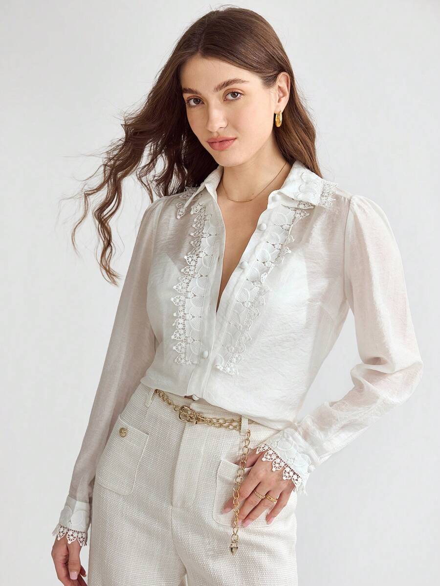 Enchnt Chemise à boutons avec dentelle guipure pour une tenue quotidienne