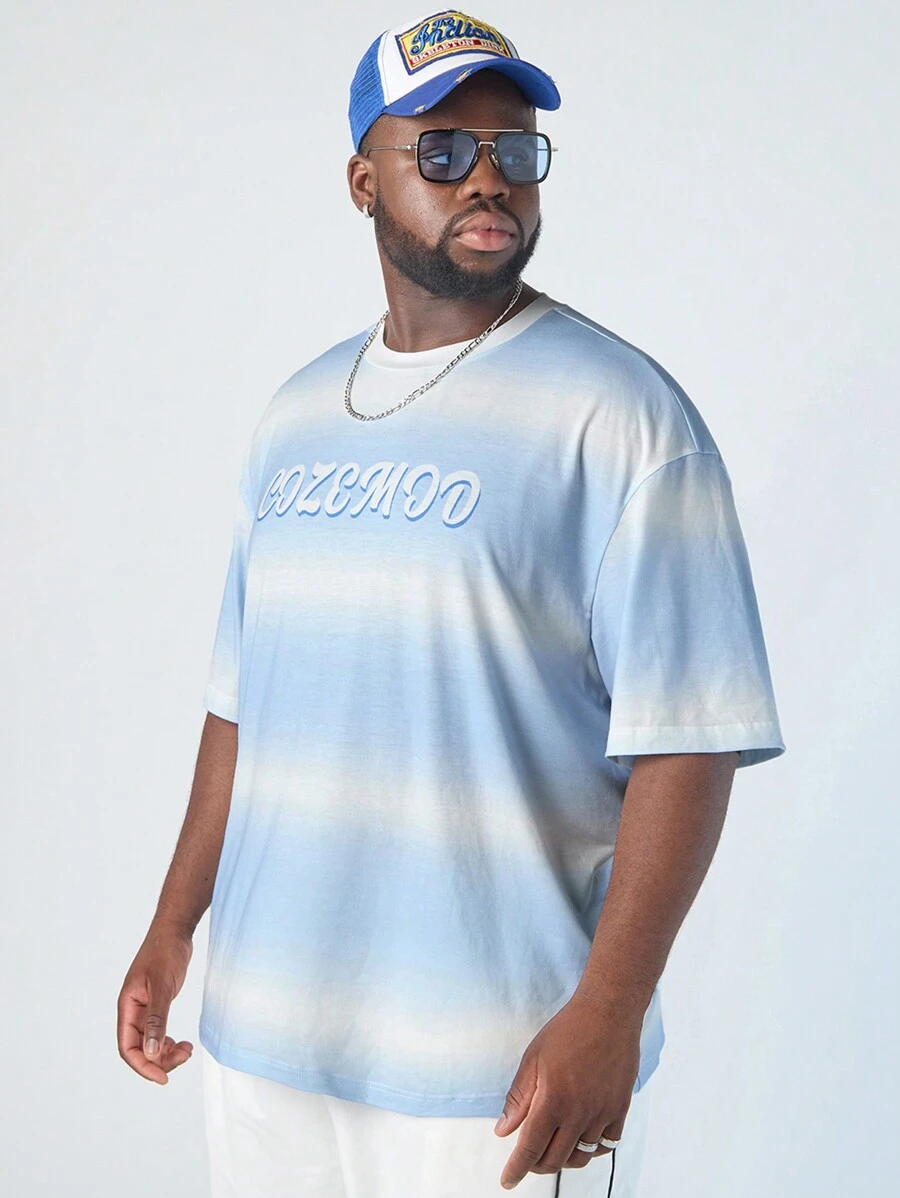 Manfinity NXTstreet Manfinity CozeMod Men's Plus Size Casual Knitted Ombre Letter Print Drop-Shoulder Round Neck Short Sleeve T-Shirt, Suitable For Summer Daily Wear