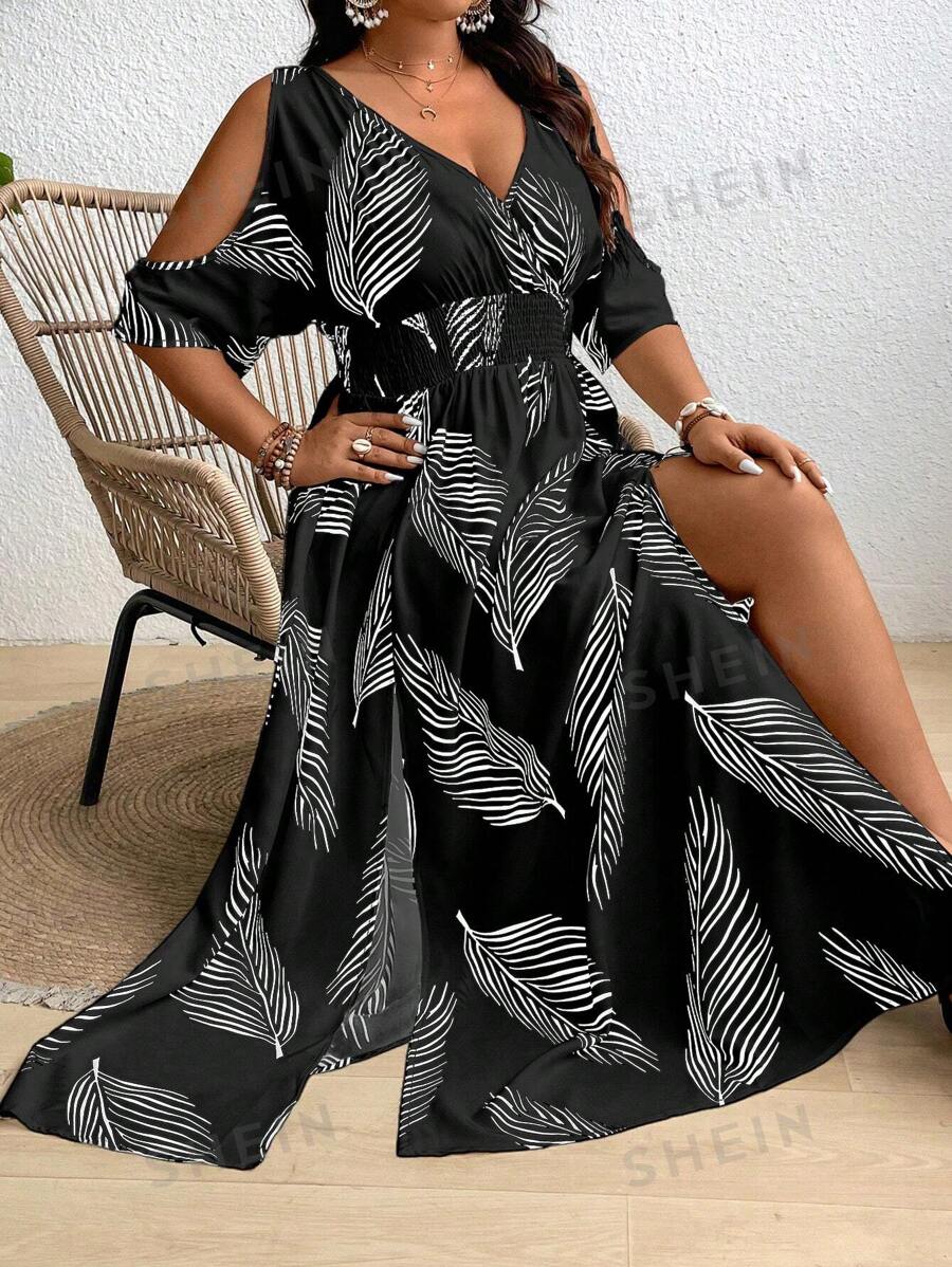 Vestido con estampado tropical con hombros descubiertos y abertura en el muslo para mujer, para el verano