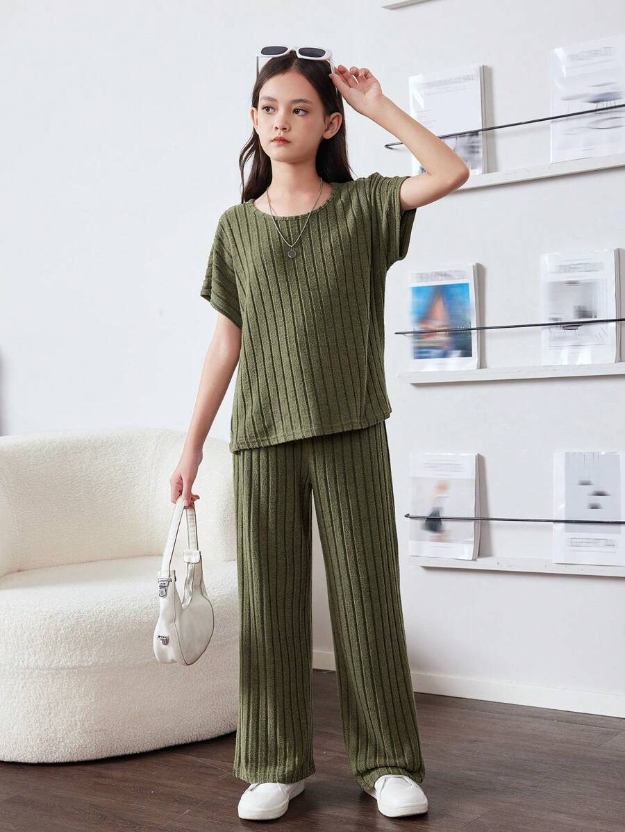 SHEIN Tween Girl Knitted Casual Fit T-Shirt And Wide Leg Pants Casual 2pcs Set