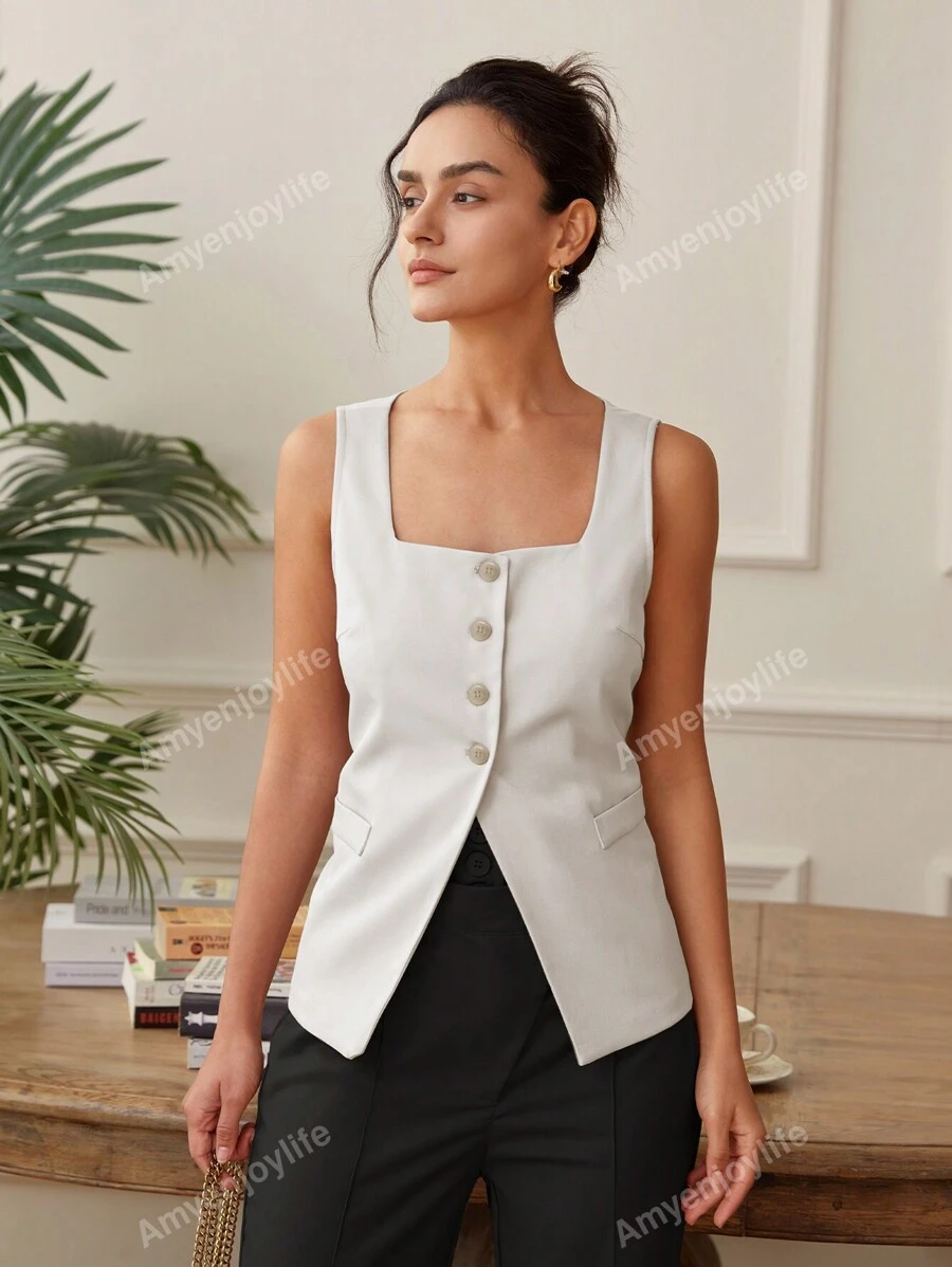 Women's Square Neck Short Sleeve Button Front Split Hem Fitted Casual Daily Tank Top, Old Money Crop Top, Backless Business Casual Blouse, Spring/Summer