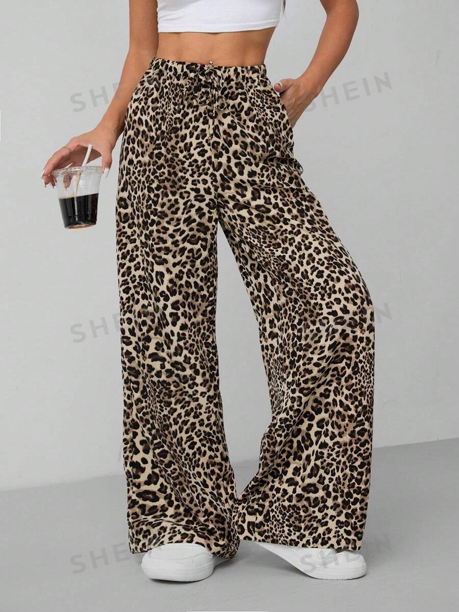 SHEIN PETITE Pantaloni de damă cu picior lat cu imprimeu leopard