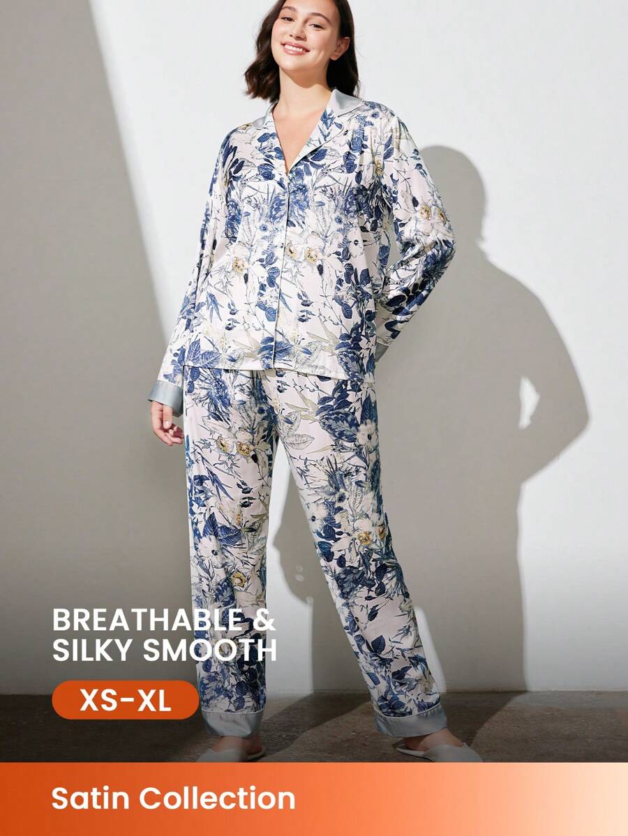 LUVLETTE Satin Large Scale Floral Long-Sleeve Button-Up & Pants Women Pajama Set Lounge Sets Lingerie