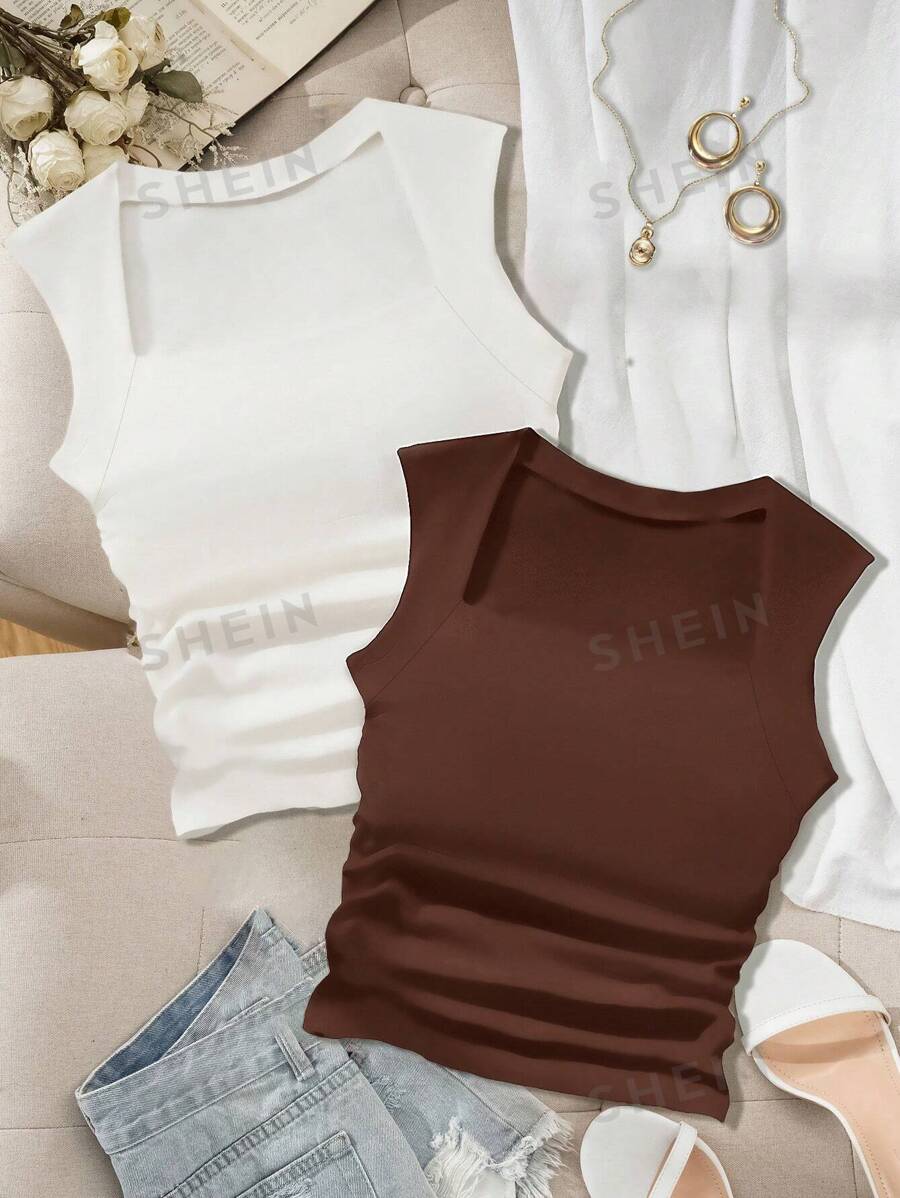 SHEIN Essnce 2 piezas Parte superior casual de tirantes de unicolor para mujer de talla grande, de verano