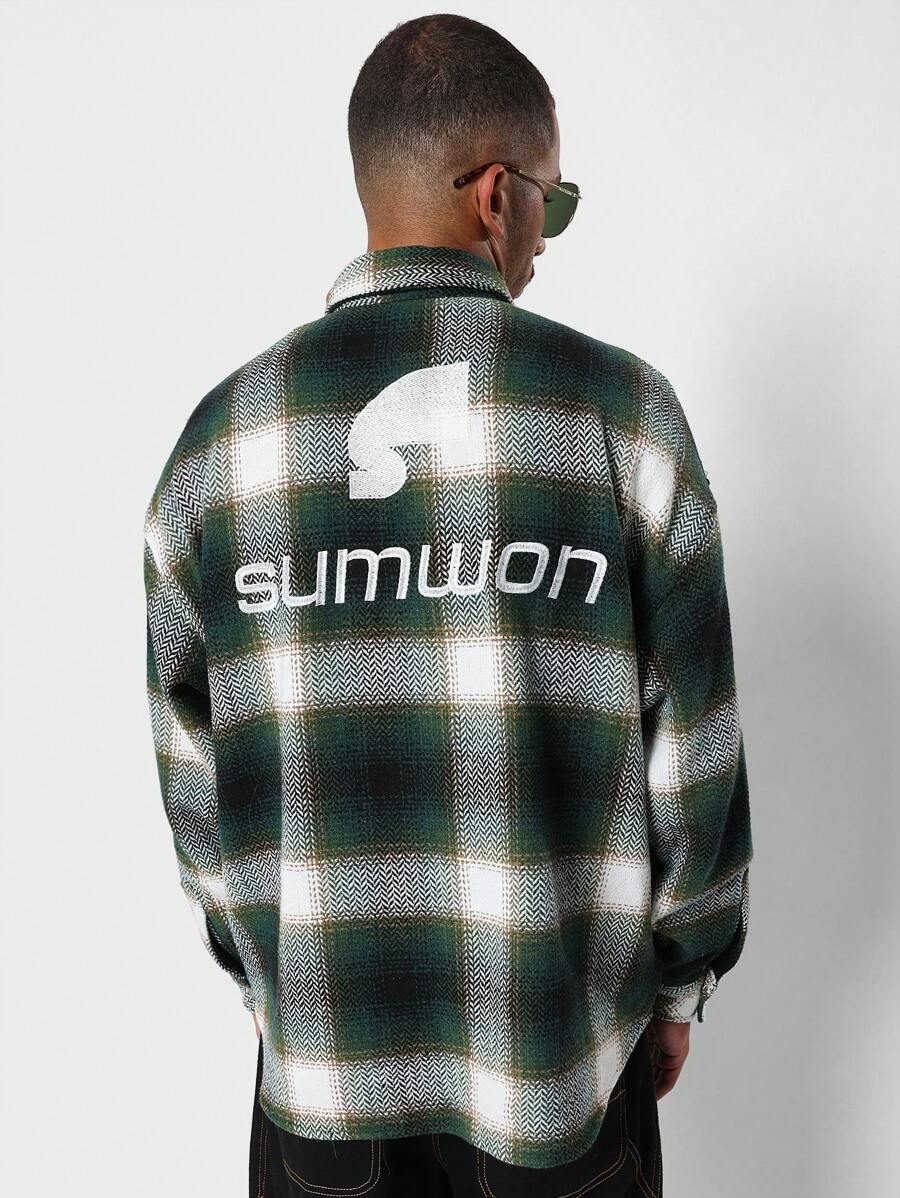 SUMWON St. Patrick's Day Flannel Plaid Button Down Shirt Herringbone Pattern Casual Streetwear Lucky Charm Shamrock Green Winter Outerwear Irish-Themed Holiday Apparel