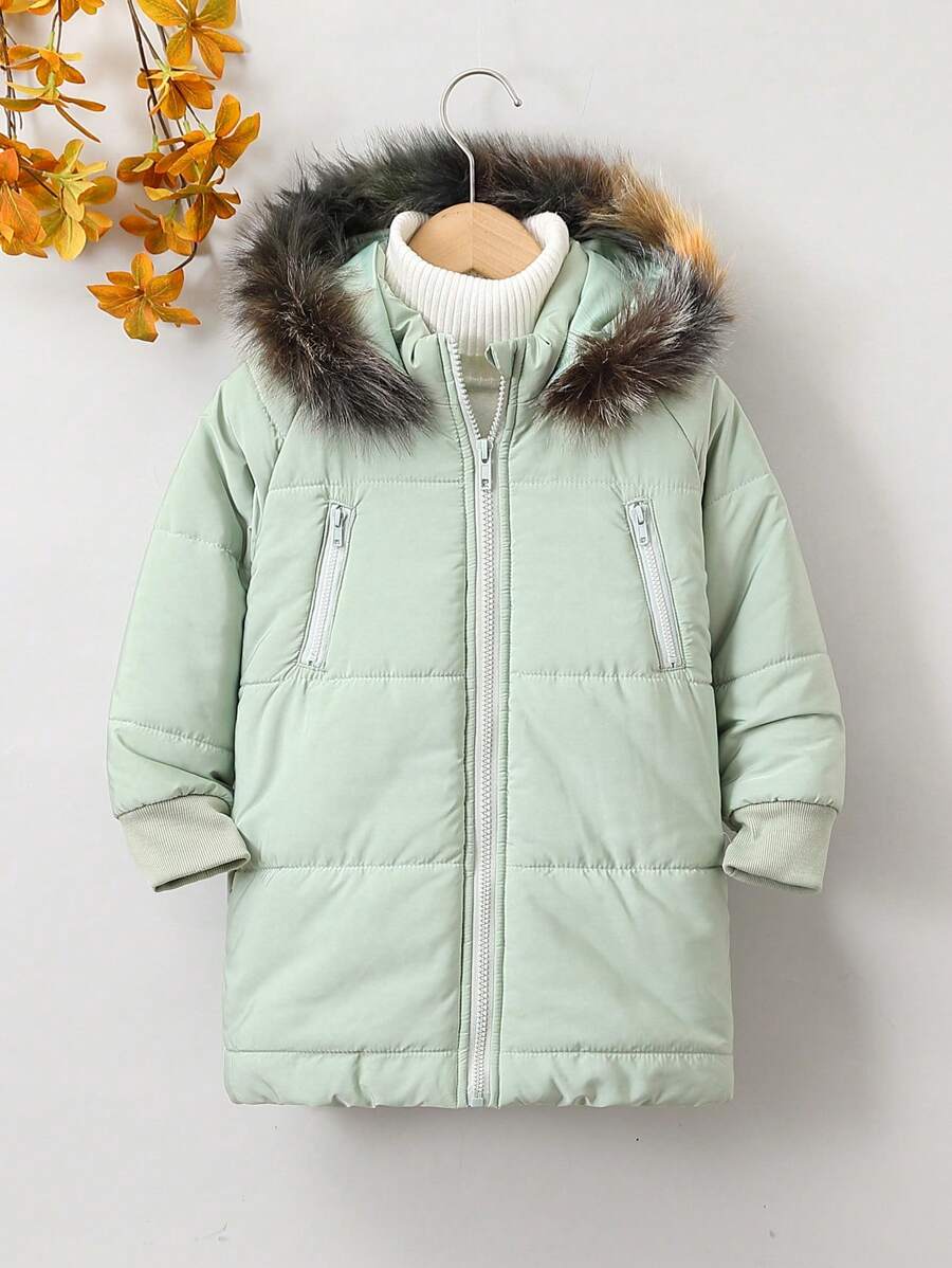 SHEIN Young Boy Fluffy Spliced Hooded Long Sleeve Winter Padded Coat/Jacket