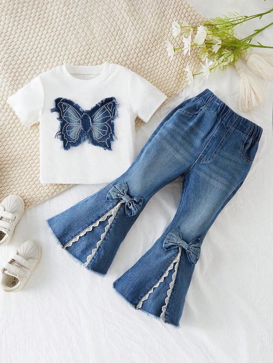 SHEIN Traje de niña joven con elemento de mariposa nuevo, pantalones con abertura y vuelo de encaje + camiseta con mariposa y flecos