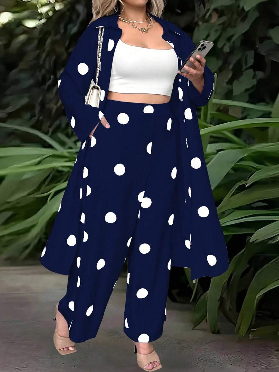 SHEIN LUNE Plus Size Women's Polka Dot Print Simple Daily Outfit Set