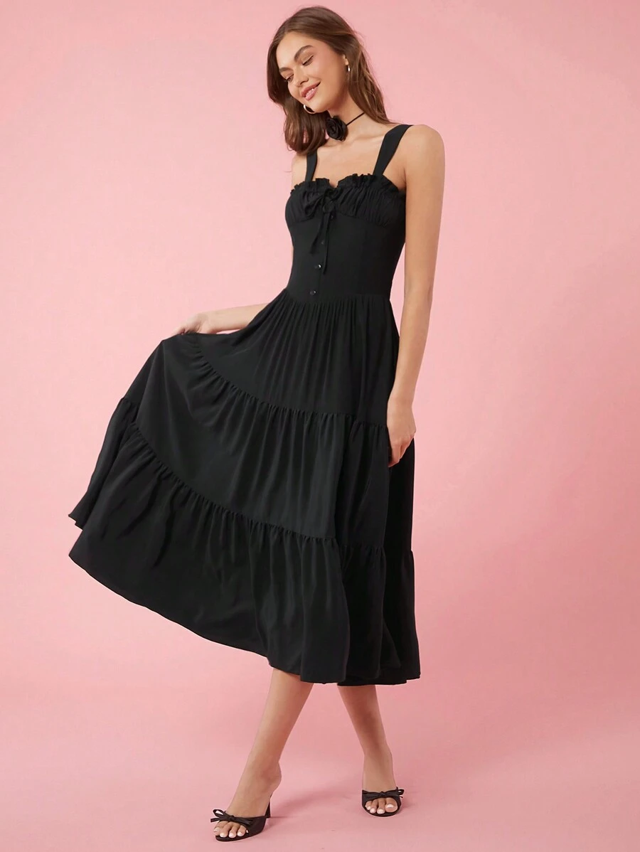Enchnt Vestido largo recogido con escote cuadrado y estilo rural romántico
