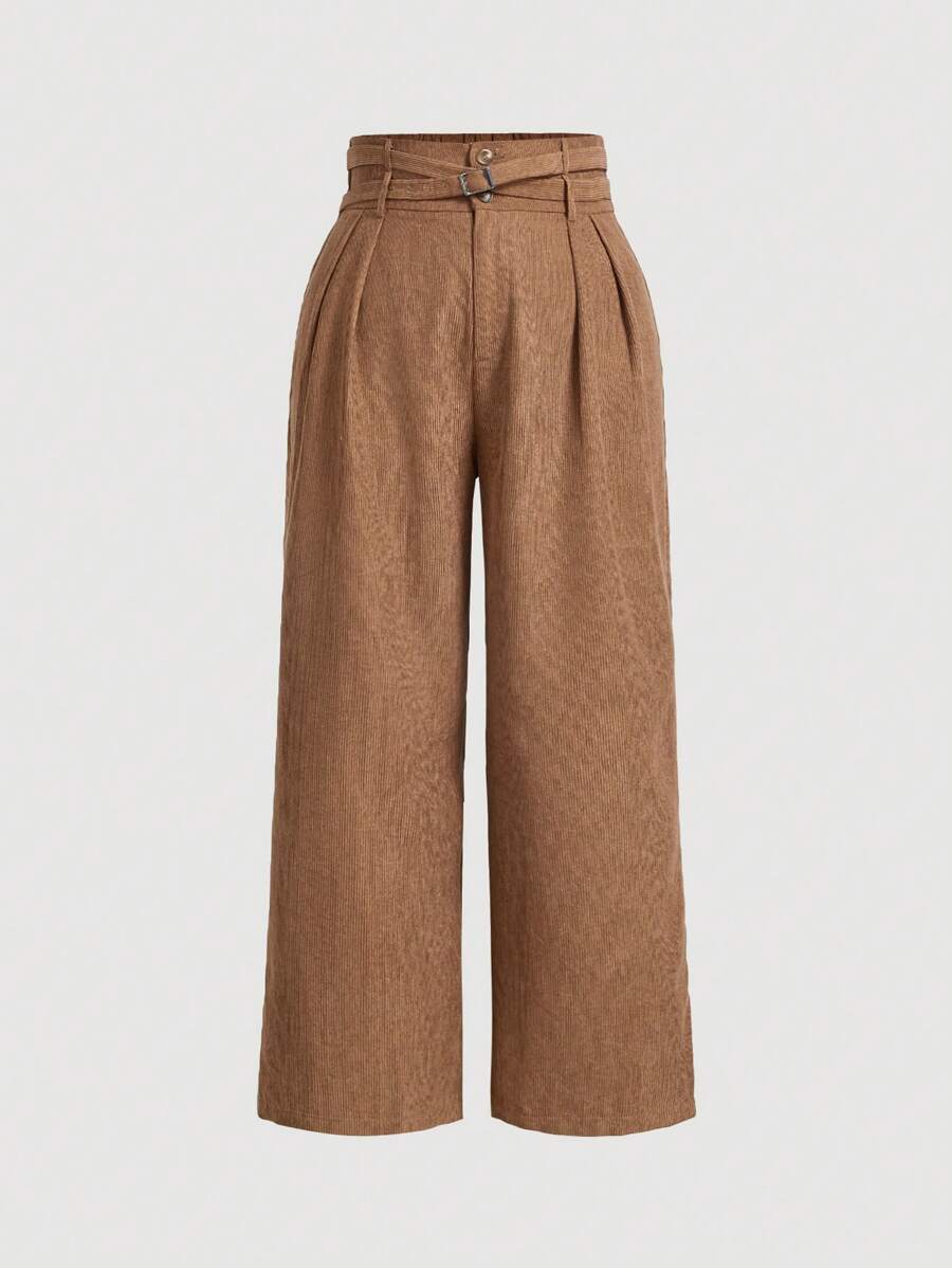 SHEIN MOD Pantalones marrones de talle súper alto y pierna ancha de doble cinturón de talla grande