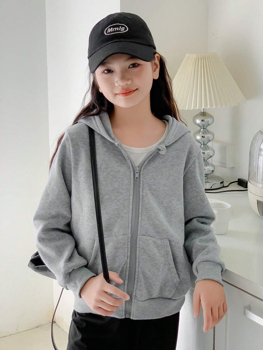 SHEIN Tween Girl Solid Color Front Zip Pocket Hooded Sweatshirt, Daily Casual Wear