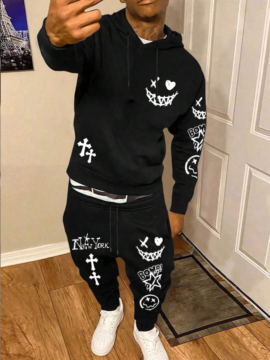 Manfinity EMRG Men's Cartoon Graphic Long Sleeve Hoodie And Drawstring Jogger Pants Set With Pockets, Casual Going Out Track Suit