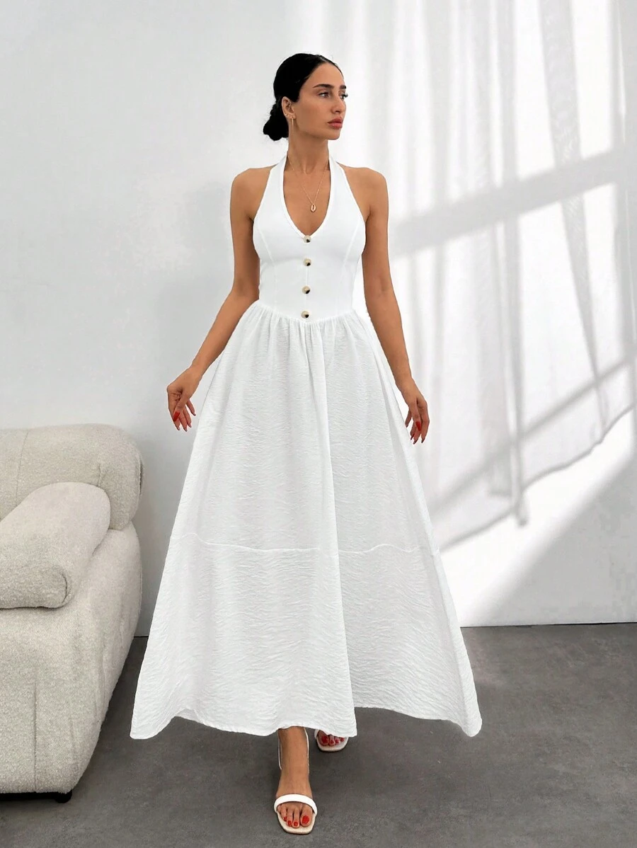 RueChic Women's Plain White Button Front Halter Backless A-Line Dress With Waist Cinched