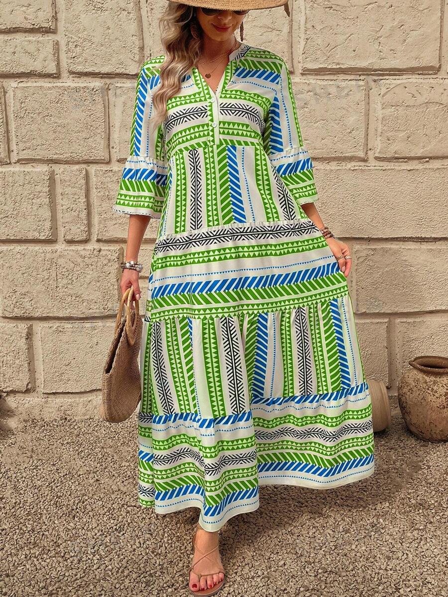 Breezaya Vestido estampado de manga 3/4 con escote en V para mujer