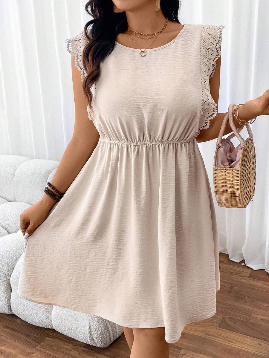 SHEIN Frenchy Plus Size Back To School Lace Sleeve & Texture Patchwork Women's Dress