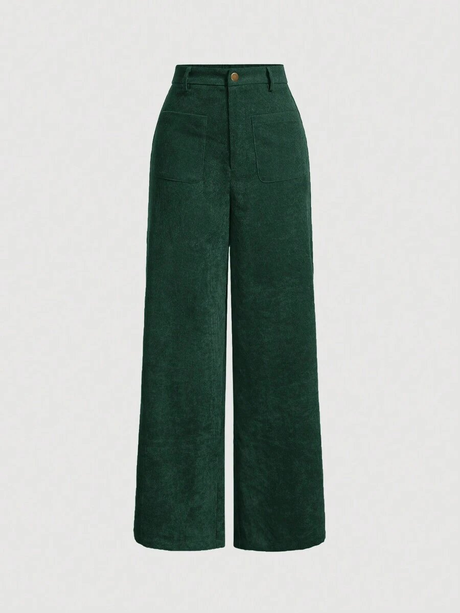 SHEIN MOD Women's Casual Solid Color Straight Corduroy Pants, Back To School Clothes, Work, Brunch, School Clothes, Teacher Pants, 70s Outfit, Dress Pants, Western Pants, Ladies Late Fall Casual Button, Pocket, Zipper High Waist Straight Leg Long Dark Green Regular Fit Women Pants, Casual Daily Wear
