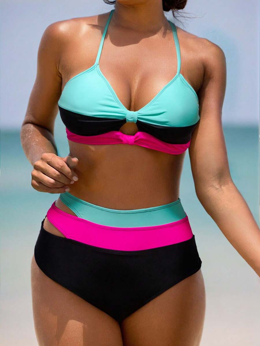 SHEIN Swim Women's Summer Beach Color Block Push Up Twist Knot Bikini Set, 2pcs 2 Pieces Bathing Suit
