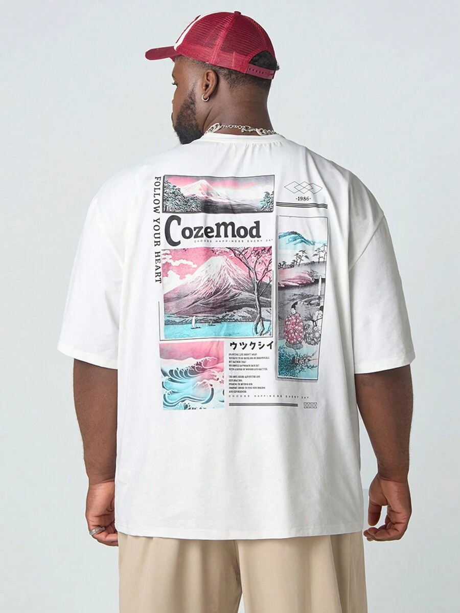 Manfinity NXTstreet Manfinity CozeMod Men's Plus Size Casual Knit Loose Fit Japanese Landscape Illustration Print Short Sleeve T-Shirt With Wide Neckline, Ideal For Summer Daily Wear,Red Graphic T Shirt