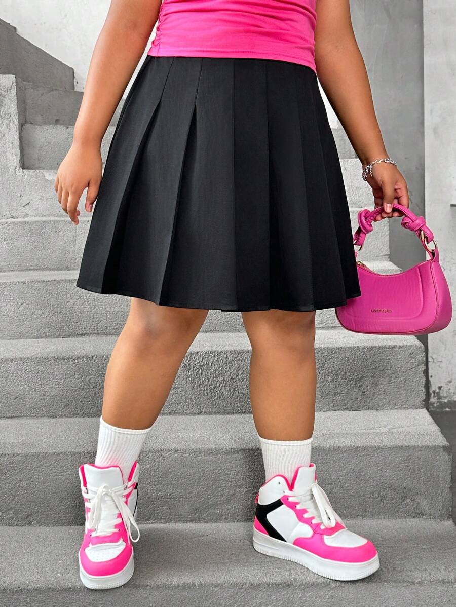SHEIN Saia curta plissada casual e simples para garotas pré-adolescentes em tamanho estendido