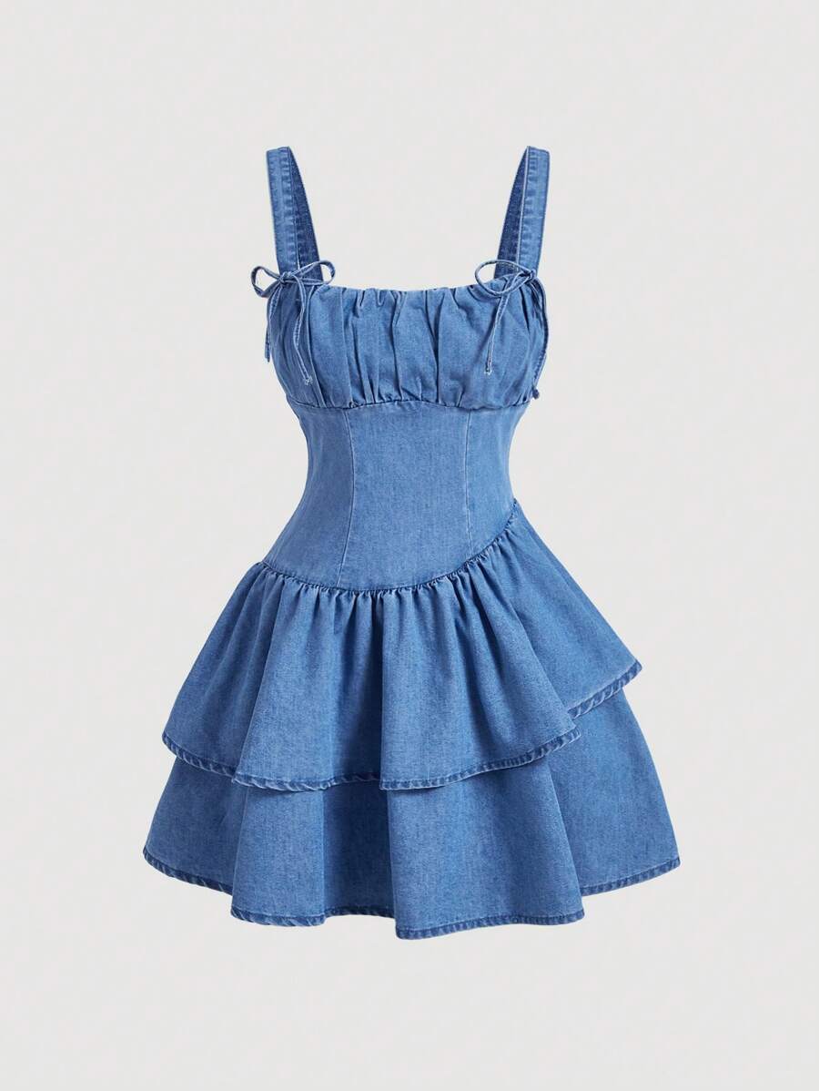 SHEIN MOD Robe cami en jean à double couche asymétrique avec nœud sur les bretelles, couleur unie pour femmes