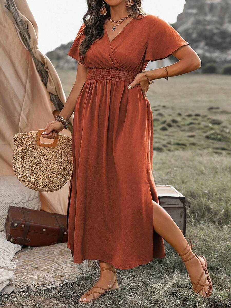 Robe grande taille à col en V, manches à volants, taille avec nœud, ourlet plissé fendu, robe longue pour femmes