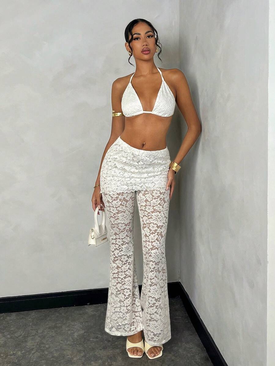 SHEIN BAE Women's Summer Simple Versatile Beach Vacation & Date Night White Lace Bra Spaghetti Strap Top + Lace Flare Leg Pants Holiday 2-Piece Set