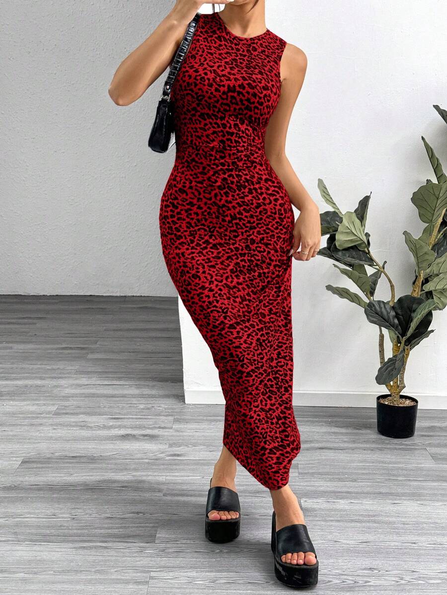 SHEIN EZwear Leopard Print Knitted Sleeveless Bodycon Dress For Women