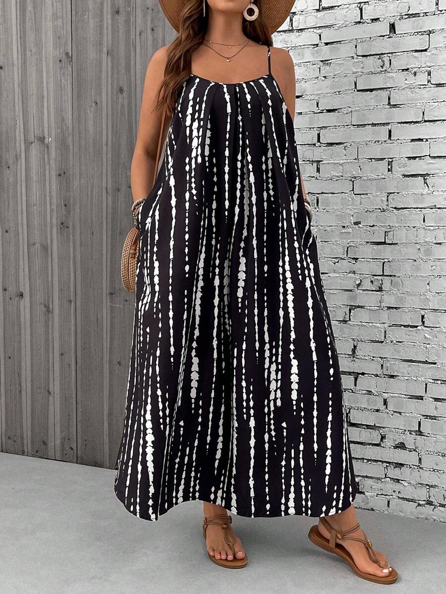SHEIN VCAY Plus Size Tree Pattern Spaghetti Strap Backless Vacation Style Loose & Comfortable Dress,Beach Dress Sundress,Holiday Outfits Boho