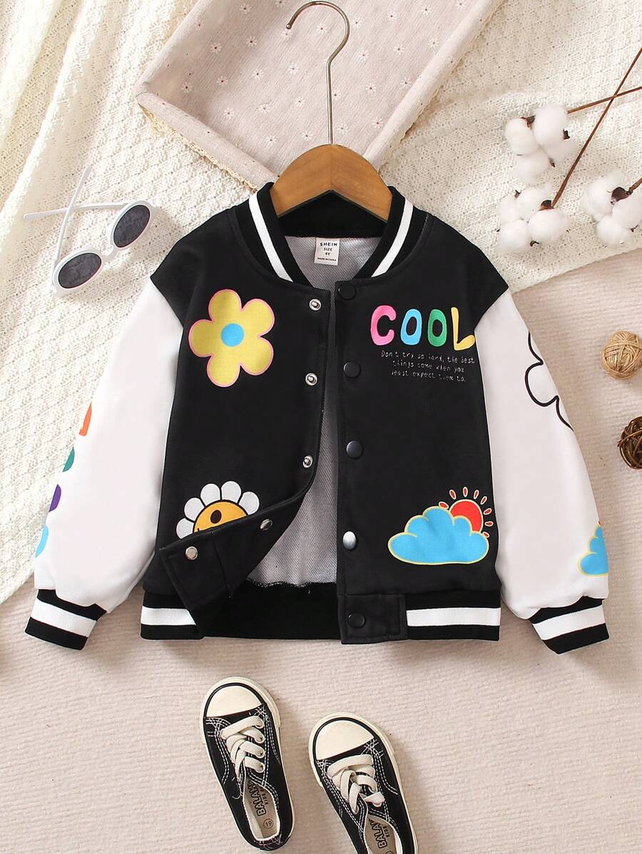 SHEIN Young Boy Cartoon Printed Baseball Jacket, Autumn/Winter Casual Sports Outdoor Coat, Warm And Comfortable Material, And Cozy Design